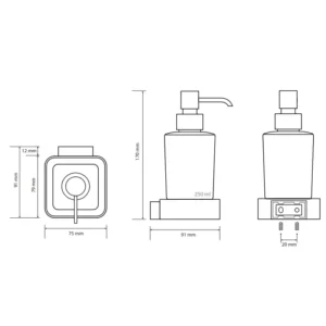 Tehnički crtež BEMETA Solo dozatora sapuna 250 ml sa dimenzijama 7,5 × 17 × 9,1 cm