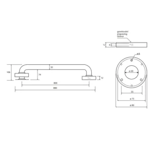 Tehnički crtež BEMETA Help rukohvat zidni 800 mm mat 301100802 dimenzije 88 × 8 × 10.6 cm