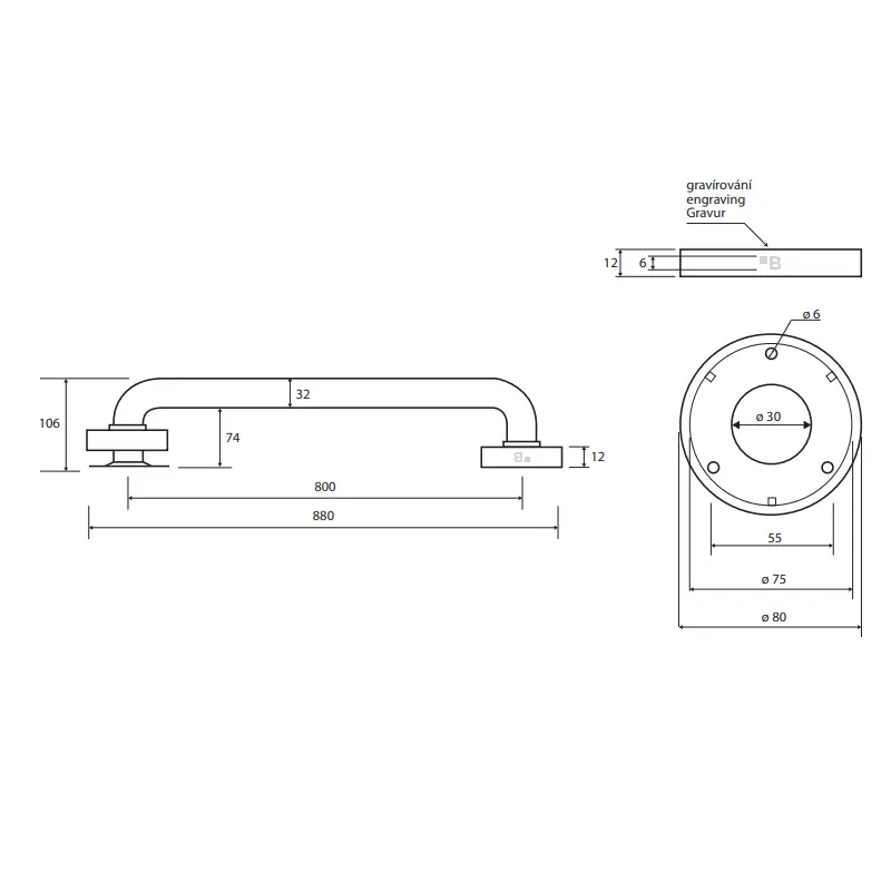 Tehnički crtež BEMETA Help rukohvat zidni 800 mm mat 301100802 dimenzije 88 × 8 × 10.6 cm