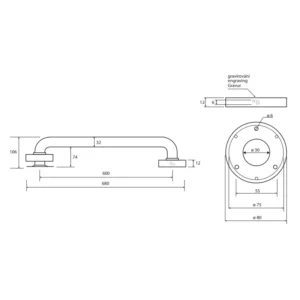 Tehnički crtež BEMETA Help rukohvat zidni 600 mm mat 301100602 dimenzije 68 × 8 × 10.6 cm
