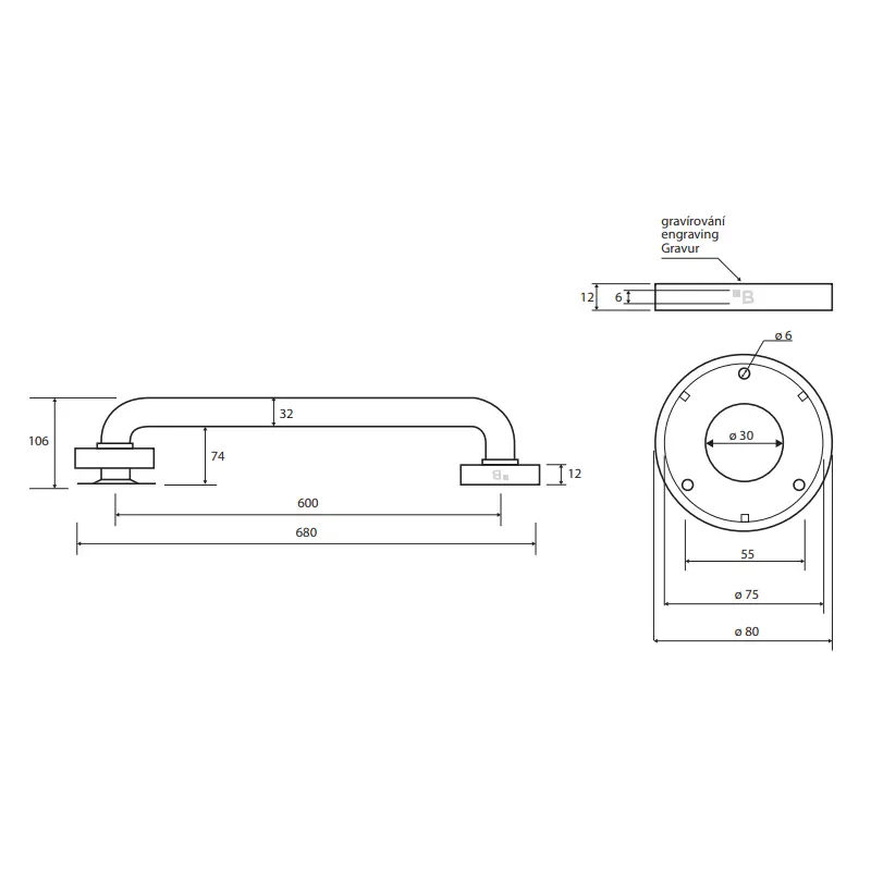 Tehnički crtež BEMETA Help rukohvat zidni 600 mm mat 301100602 dimenzije 68 × 8 × 10.6 cm