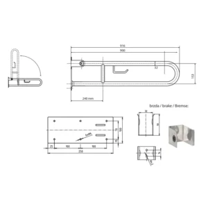 Tehnički crtež BEMETA Help U rukohvat sklopivi sa držačem toalet papira 900 mm mat 301102292 dimenzije 10 × 25 × 91.6 cm