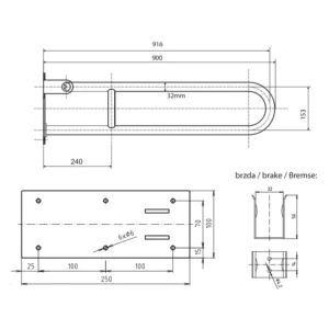 Tehnički crtež BEMETA Help U rukohvat sklopivi 900 mm mat 301102902 dimenzije 10 × 25 × 91.6 cm