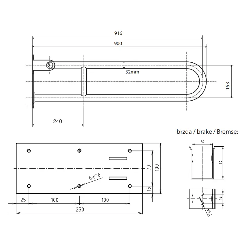 Tehnički crtež BEMETA Help U rukohvat sklopivi 900 mm mat 301102902 dimenzije 10 × 25 × 91.6 cm