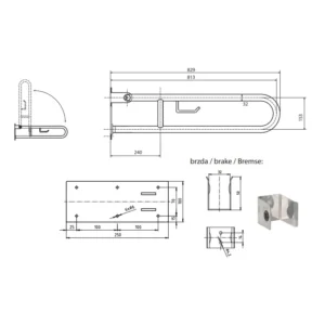 Tehnički crtež BEMETA Help U rukohvat sklopivi sa držačem toalet papira 813 mm mat 301102282 dimenzije 10 × 25 × 82.9 cm