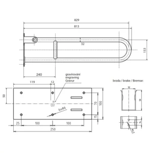 Tehnički crtež BEMETA Help U rukohvat sklopivi 813 mm mat 301102082 dimenzije 10 × 25 × 82.9 cm
