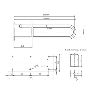 Tehnički crtež BEMETA Help U rukohvat sklopivi 600 mm mat 301102072 dimenzije 10 × 25 × 61.6 cm