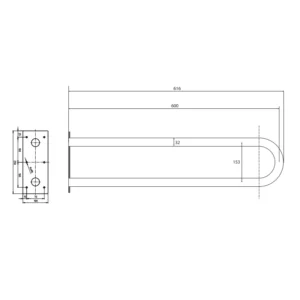 Tehnički crtež BEMETA Help U rukohvat fiksni 600 mm mat 301102052 dimenzije 10 × 25 × 61.6 cm