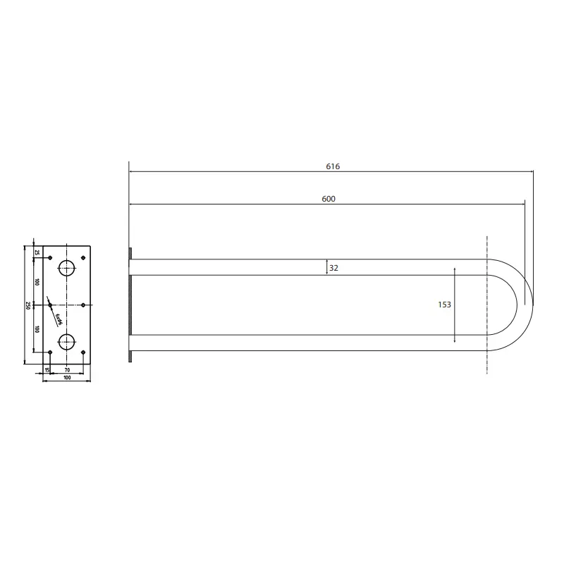 Tehnički crtež BEMETA Help U rukohvat fiksni 600 mm mat 301102052 dimenzije 10 × 25 × 61.6 cm