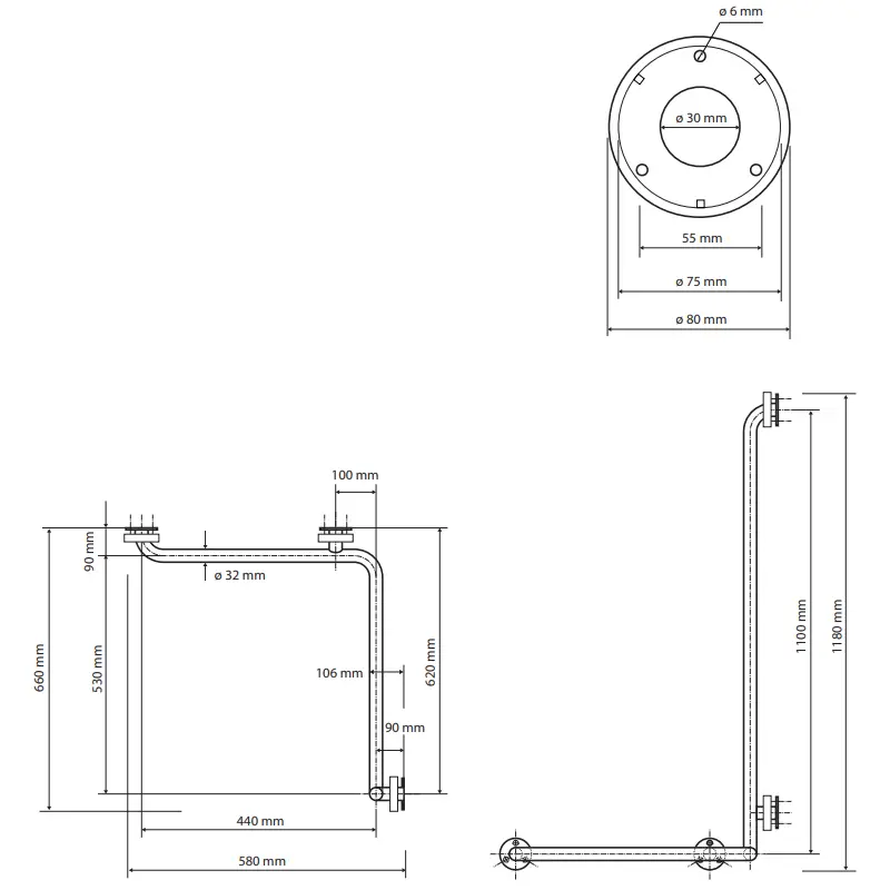Tehnički crtež BEMETA Help L ugaoni rukohvat desni mat 301122022 dimenzije 58 × 118 × 66 cm
