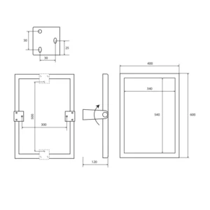 Tehnički crtež za BEMETA Help ogledalo nagibno belo 301401034 sa dimenzijama 40 × 60 × 12 cm, širina 40 cm, visina 60 cm, dubina 12 cm