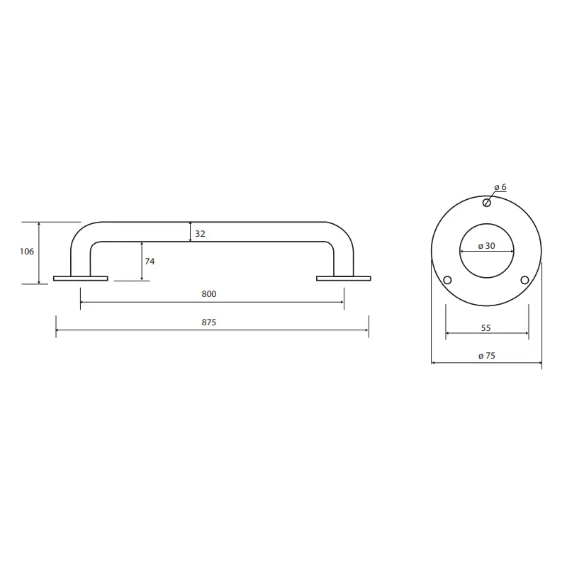 Tehnički crtež za BEMETA Help rukohvat zidni 800 mm beli 301100804 sa dimenzijama 87.5 × 7.5 × 10.6 cm, širina 87.5 cm, visina 7.5 cm, dubina 10.6 cm