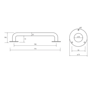 Tehnički crtež za BEMETA Help rukohvat zidni 700 mm beli 301100704 sa dimenzijama 77.5 × 7.5 × 10.6 cm, širina 77.5 cm, visina 7.5 cm, dubina 10.6 cm