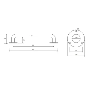 Tehnički crtež za BEMETA Help rukohvat zidni 400 mm beli 301100404 sa dimenzijama 47.5 × 7.5 × 10.6 cm, širina 47.5 cm, visina 7.5 cm, dubina 10.6 cm