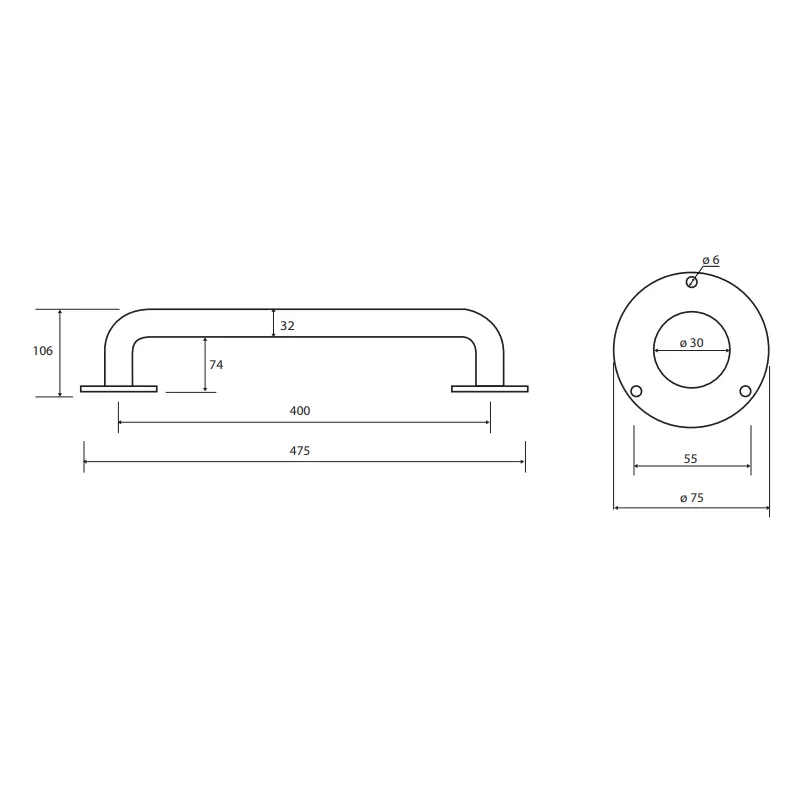 Tehnički crtež za BEMETA Help rukohvat zidni 400 mm beli 301100404 sa dimenzijama 47.5 × 7.5 × 10.6 cm, širina 47.5 cm, visina 7.5 cm, dubina 10.6 cm