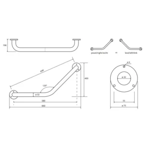 Tehnički crtež za BEMETA Help rukohvat ugaoni 120° beli 301102014 sa dimenzijama 66 × 40 × 10.5 cm, širina 66 cm, visina 40 cm, dubina 10.5 cm