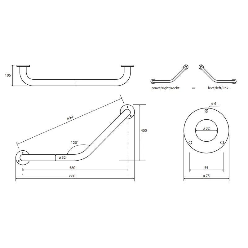 Tehnički crtež za BEMETA Help rukohvat ugaoni 120° beli 301102014 sa dimenzijama 66 × 40 × 10.5 cm, širina 66 cm, visina 40 cm, dubina 10.5 cm