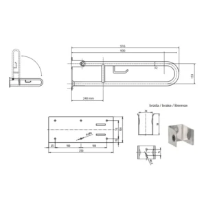 Tehnički crtež za BEMETA Help U rukohvat sklopivi 900 mm beli sa držačem rolopapira 301102294 sa dimenzijama 10 × 25 × 91.6 cm, širina 10 cm, visina 25 cm, dubina 91.6 cm