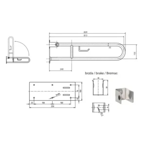 Tehnički crtež za BEMETA Help U rukohvat sklopivi 813 mm beli sa držačem rolopapira 301102284 sa dimenzijama 10 × 25 × 82.9 cm, širina 10 cm, visina 25 cm, dubina 82.9 cm