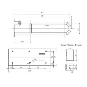 Tehnički crtež za BEMETA Help U rukohvat sklopivi 900 mm beli 301102904 sa dimenzijama 10 × 25 × 91.6 cm, širina 10 cm, visina 25 cm, dubina 91.6 cm
