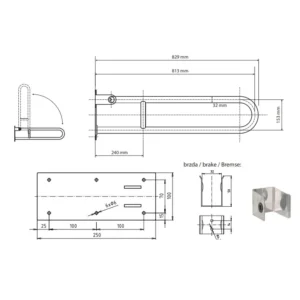 Tehnički crtež za BEMETA Help U rukohvat sklopivi 813 mm beli 301102084 sa dimenzijama 10 × 25 × 82.9 cm, širina 10 cm, visina 25 cm, dubina 82.9 cm