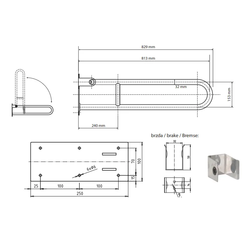Tehnički crtež za BEMETA Help U rukohvat sklopivi 813 mm beli 301102084 sa dimenzijama 10 × 25 × 82.9 cm, širina 10 cm, visina 25 cm, dubina 82.9 cm