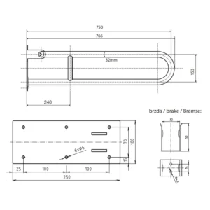 Tehnički crtež za BEMETA Help U rukohvat sklopivi 750 mm beli 301606304 sa dimenzijama 10 × 25 × 76.6 cm, širina 10 cm, visina 25 cm, dubina 76.6 cm