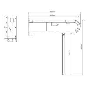 Tehnički crtež za BEMETA Help U rukohvat sklopivi 813 mm beli sa opornom nogom i držačem rolopapira 301102284N sa dimenzijama 10 × 80 × 82.9 cm, širina 10 cm, visina 80 cm, dubina 82.9 cm