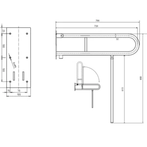 Tehnički crtež za BEMETA Help U rukohvat sklopivi 750 mm beli sa opornom nogom 301606304N sa dimenzijama 10 × 80 × 76.6 cm, širina 10 cm, visina 80 cm, dubina 76.6 cm