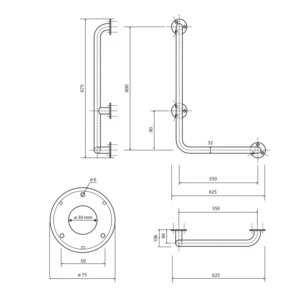 Tehnički crtež za BEMETA Help L rukohvat zidni levi 680 mm beli 301112074 sa dimenzijama 62.5 × 67.5 × 11 cm, širina 62.5 cm, visina 67.5 cm, dubina 11 cm