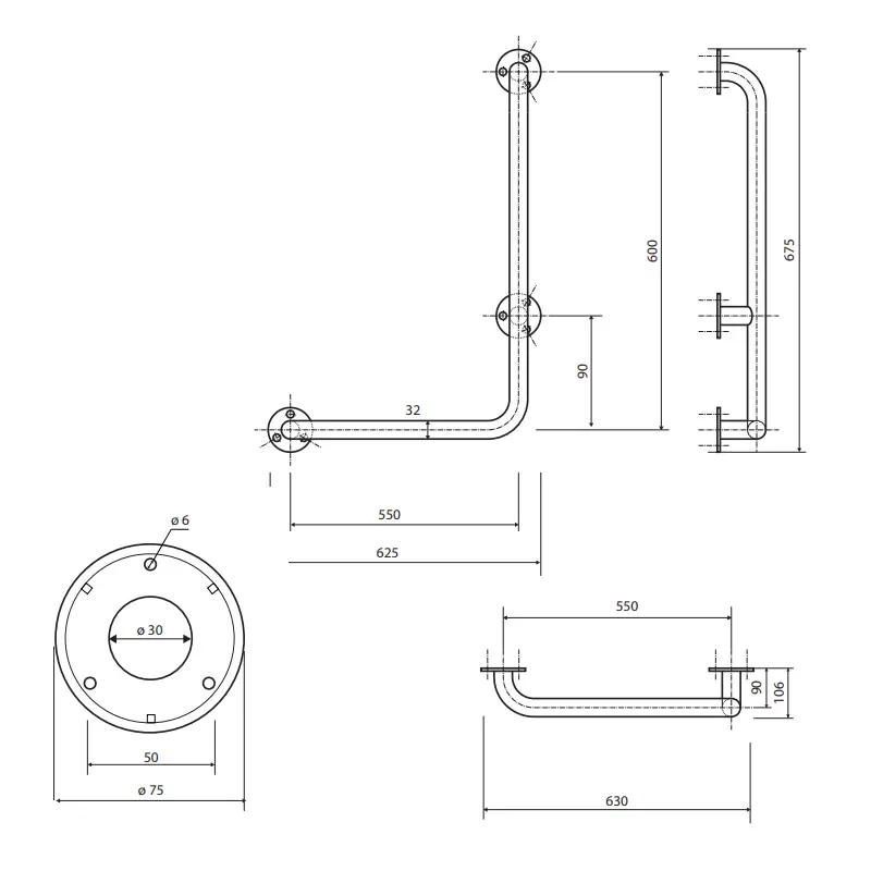 Tehnički crtež za BEMETA Help L rukohvat zidni desni 680 mm beli 301112064 sa dimenzijama 62.5 × 67.5 × 11 cm, širina 62.5 cm, visina 67.5 cm, dubina 11 cm