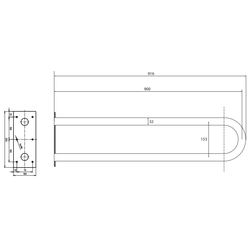 Tehnički crtež za BEMETA Help U rukohvat fiksni 900 mm beli 301102994 sa dimenzijama 10 × 25 × 91.6 cm, širina 10 cm, visina 25 cm, dubina 91.6 cm