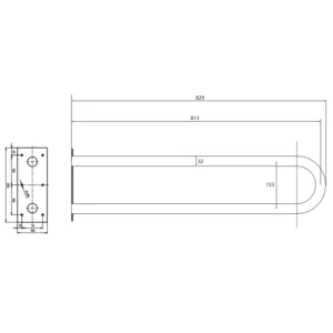 Tehnički crtež za BEMETA Help U rukohvat fiksni 813 mm beli 301102064 sa dimenzijama 10 × 25 × 82.9 cm, širina 10 cm, visina 25 cm, dubina 82.9 cm