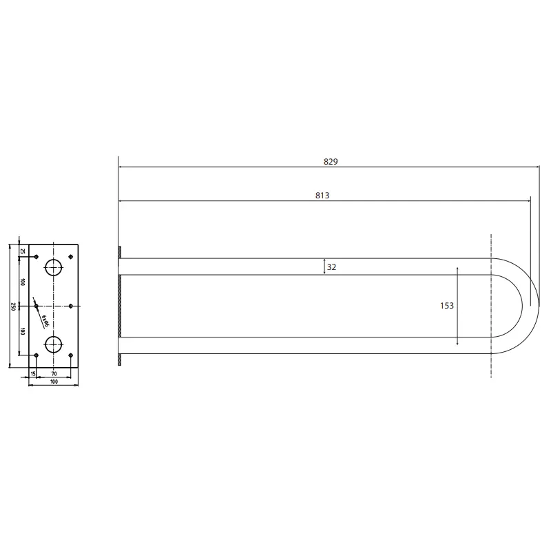 Tehnički crtež za BEMETA Help U rukohvat fiksni 813 mm beli 301102064 sa dimenzijama 10 × 25 × 82.9 cm, širina 10 cm, visina 25 cm, dubina 82.9 cm