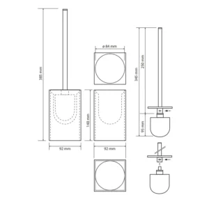 Tehnički crtež za BEMETA Gamma WC četku kvadratnu crnu 145613310 sa dimenzijama 9.2 × 38.5 × 9.2 cm, širina 9.2 cm, visina 38.5 cm, dubina 9.2 cm