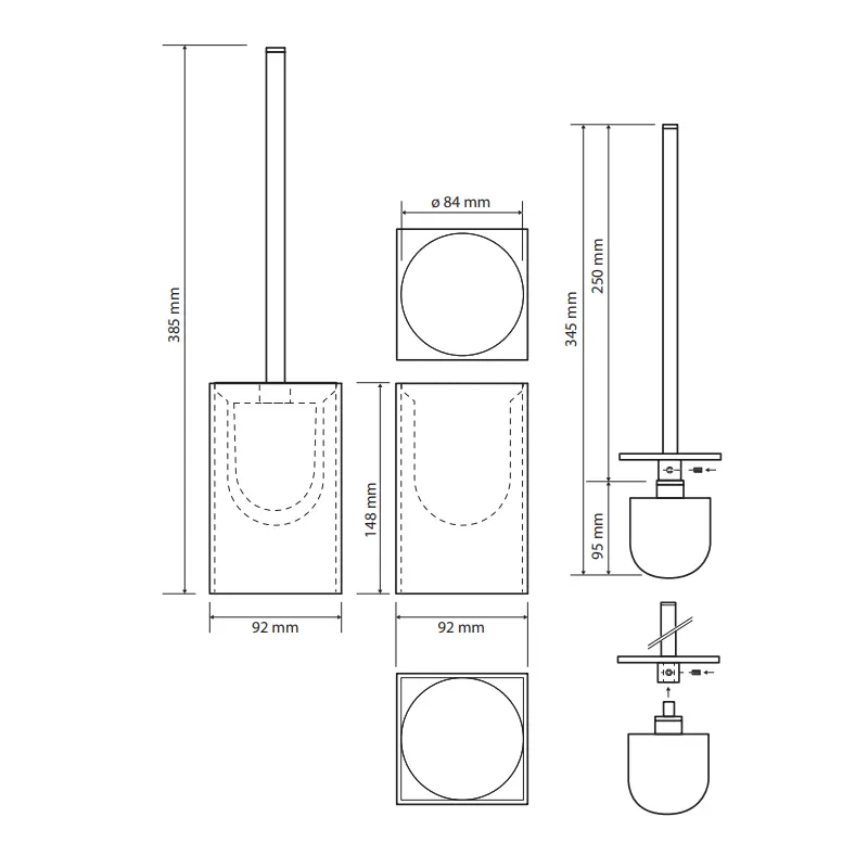 Tehnički crtež za BEMETA Gamma WC četku kvadratnu belu 145713314 sa dimenzijama 9.2 × 38.5 × 9.2 cm, širina 9.2 cm, visina 38.5 cm, dubina 9.2 cm