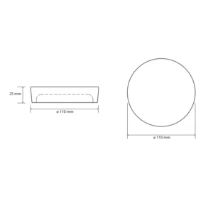 Tehnički crtež za BEMETA Gamma držač sapuna okrugli crni 145608320 sa dimenzijama 11 × 2.5 × 11 cm, širina 11 cm, visina 2.5 cm, dubina 11 cm