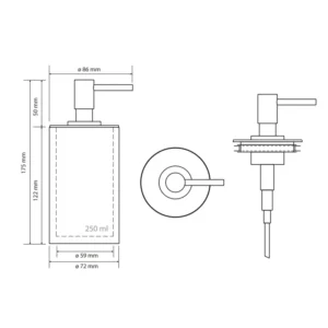 Tehnički crtež za BEMETA Gamma dozator sapuna 145609320 sa dimenzijama 7.2 × 17.5 × 8.6 cm, širina 7.2 cm, visina 17.5 cm, dubina 8.6 cm