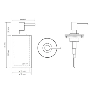 Tehnički crtež BEMETA Gamma dozator sapuna 145709324 Tehnički crtež za BEMETA Gamma dozator sapuna 145709324 sa dimenzijama 7.2 × 17.5 × 8.6 cm, širina 7.2 cm, visina 17.5 cm, dubina 8.6 cm