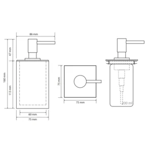 Tehnički crtež za BEMETA Gamma dozator sapuna 145609310 sa dimenzijama 7.5 × 16 × 8.6 cm, širina 7.5 cm, visina 16 cm, dubina 8.6 cm