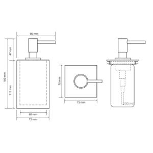 Tehnički crtež za BEMETA Gamma dozator sapuna 145709314 sa dimenzijama 7.5 × 16 × 8.6 cm, širina 7.5 cm, visina 16 cm, dubina 8.6 cm
