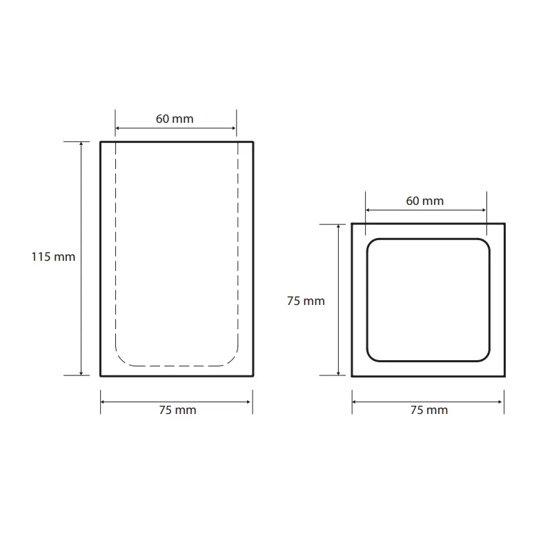 Tehnički crtež za BEMETA Gamma držač čaše 145611310 sa dimenzijama 7.5 × 11.5 × 7.5 cm, širina 7.5 cm, visina 11.5 cm, dubina 7.5 cm