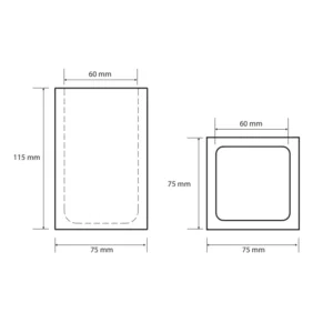 Tehnički crtež za BEMETA Gamma držač čaše 145711314 sa dimenzijama 7.5 × 11.5 × 7.5 cm, širina 7.5 cm, visina 11.5 cm, dubina 7.5 cm