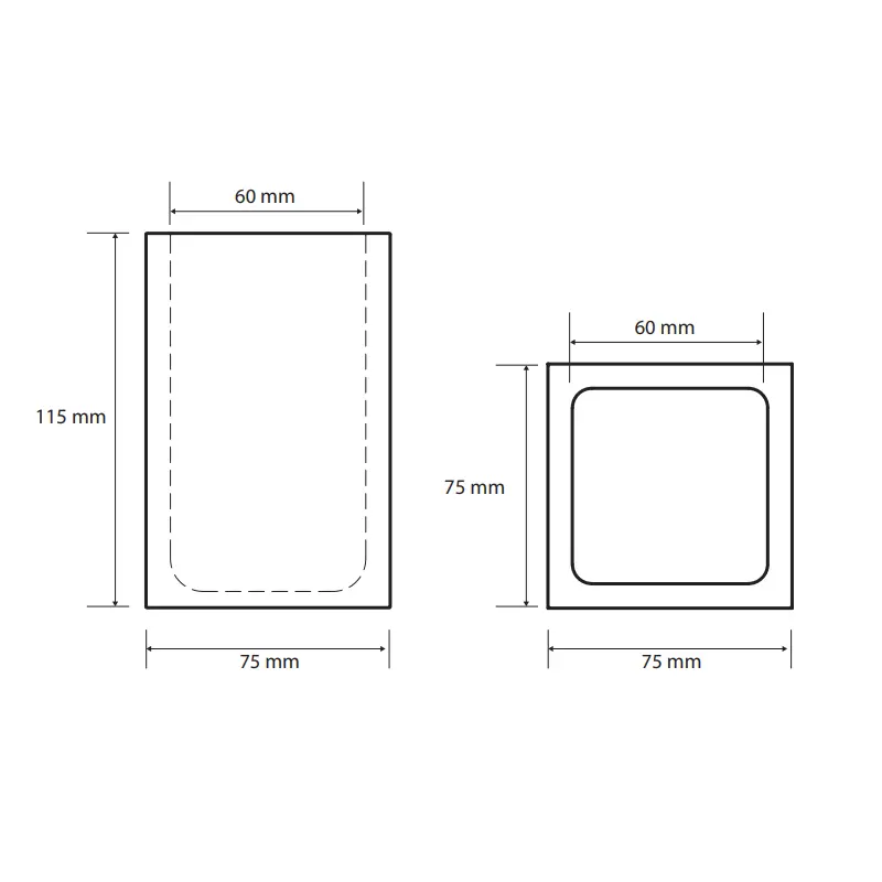 Tehnički crtež za BEMETA Gamma držač čaše 145711314 sa dimenzijama 7.5 × 11.5 × 7.5 cm, širina 7.5 cm, visina 11.5 cm, dubina 7.5 cm