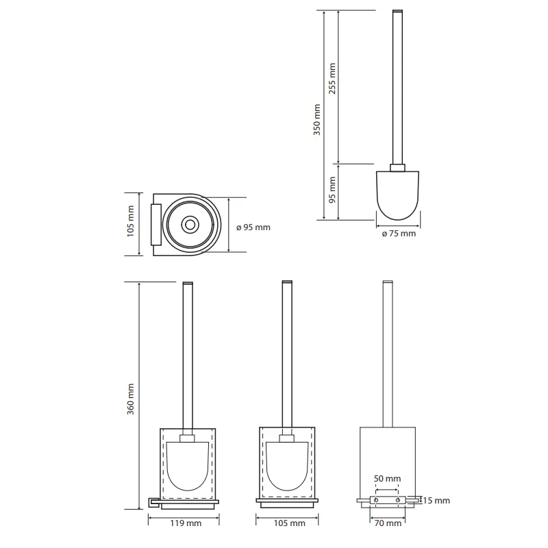 Tehnički crtež za BEMETA Galla WC četku 108113010 sa dimenzijama 10.5 × 36 × 11.9 cm, širina 10.5 cm, visina 36 cm, dubina 11.9 cm