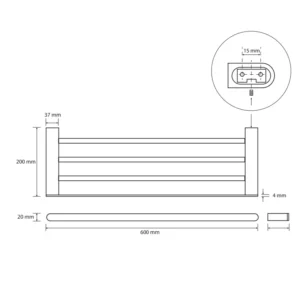 Tehnički crtež za BEMETA Galla policu za peškire 108105080 sa dimenzijama 60 × 2 × 20 cm, širina 60 cm, visina 2 cm, dubina 20 cm