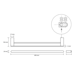 Tehnički crtež za BEMETA Galla dupli držač peškira 108104050 sa dimenzijama 60 × 2 × 10.4 cm, širina 60 cm, visina 2 cm, dubina 10.4 cm