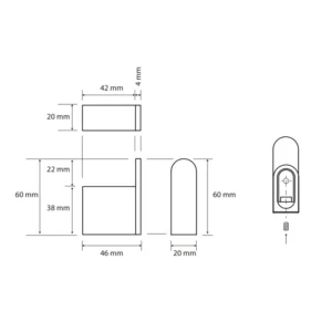 Tehnički crtež za BEMETA Galla kukicu 108106020 sa dimenzijama 2 × 6 × 4.6 cm, širina 2 cm, visina 6 cm, dubina 4.6 cm