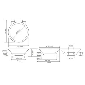 Tehnički crtež za BEMETA Galla držač sapuna 108108020 sa dimenzijama 10.7 × 3.4 × 11.5 cm, širina 10.7 cm, visina 3.4 cm, dubina 11.5 cm