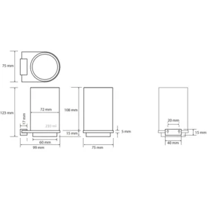 Tehnički crtež za BEMETA Galla držač čaše 108110010 sa dimenzijama 7.5 × 12.3 × 9.9 cm, širina 7.5 cm, visina 12.3 cm, dubina 9.9 cm